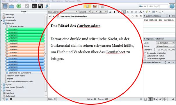 Ansicht des Editors im Schreibprogramm Scrivener