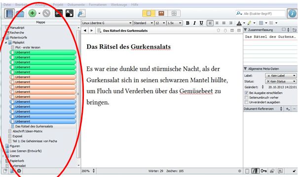 Ansicht der Mappe (Binder) im Schreibprogramm Scrivener